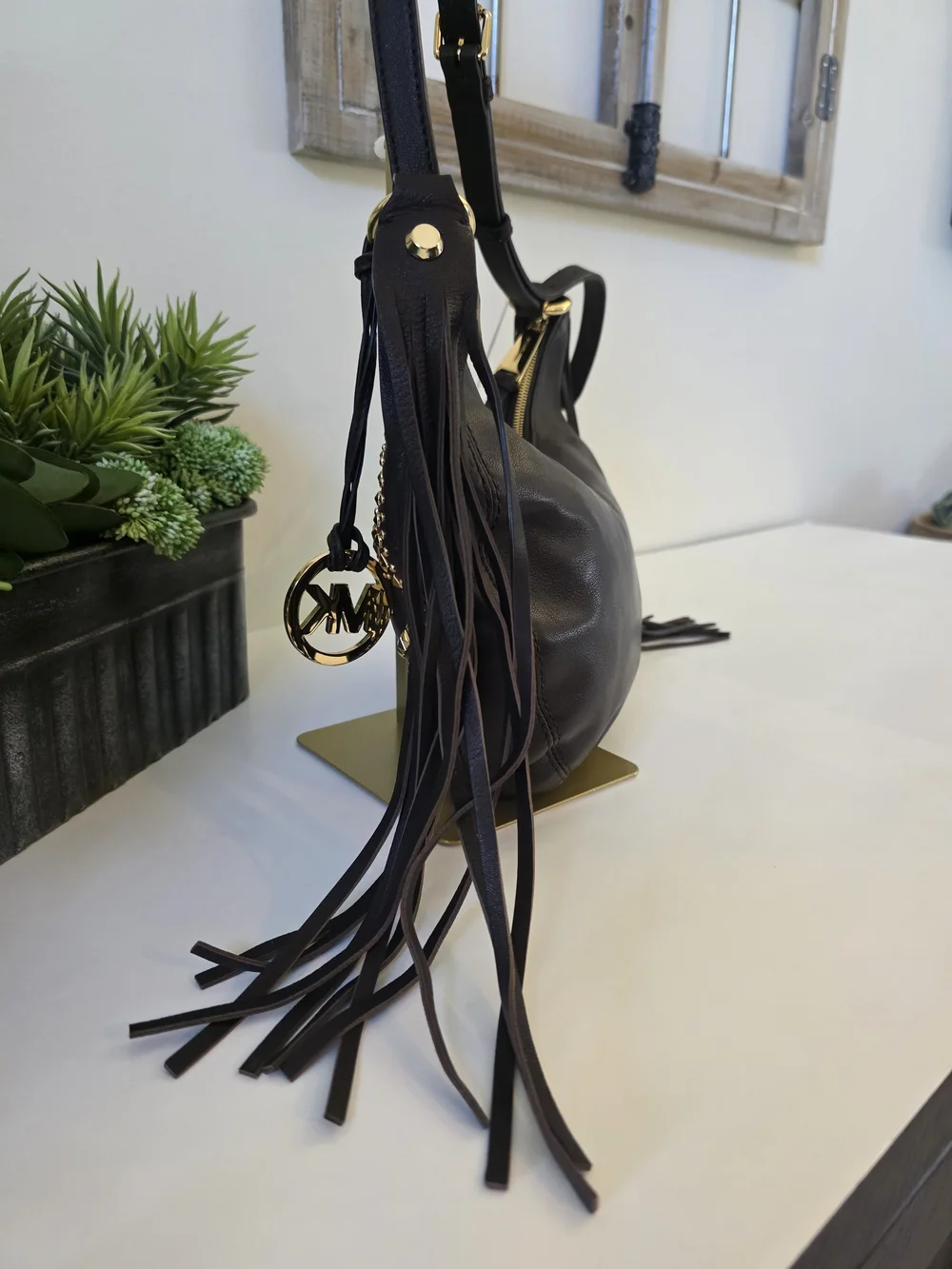 Michael Kors Rhea Studded  Shoulder/Crossbody Dark Chocolate Leather Fringe-New